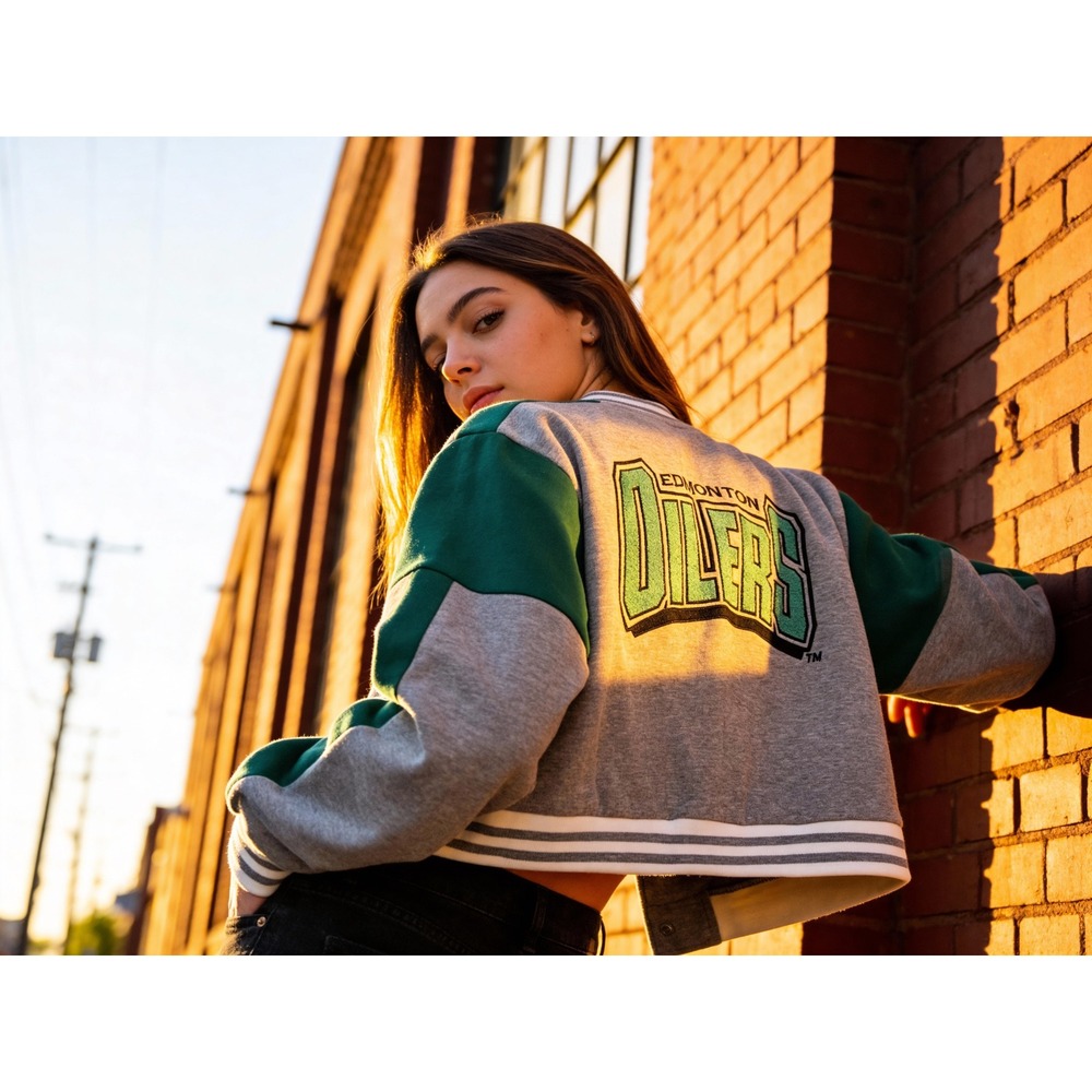 Christian Dior Edmonton Oilers Varsity Bomber Jacket Womens Crop Green Grey L
